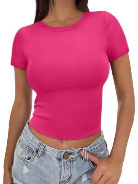 👑 Women Hot Pink Short Sleeve Summer Trendy Tight Slim Fit T Shirts Cropped Top